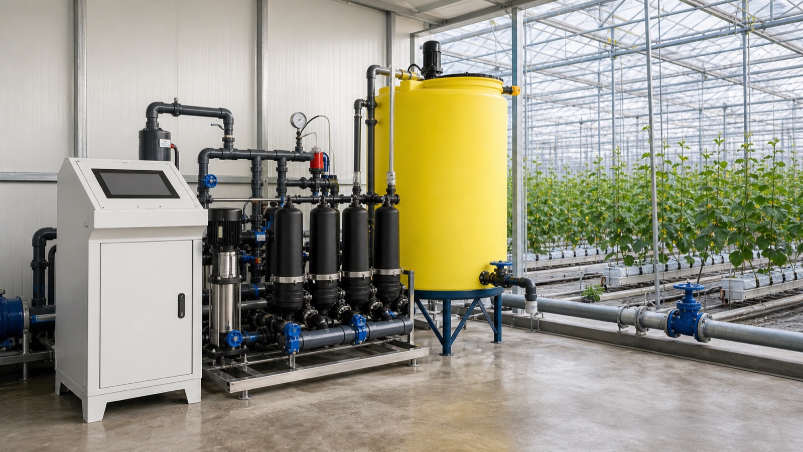 Smart fertigation station in a greenhouse - control cabinet, filtration, and a fertiliser mixing tank feeding rows of crops
