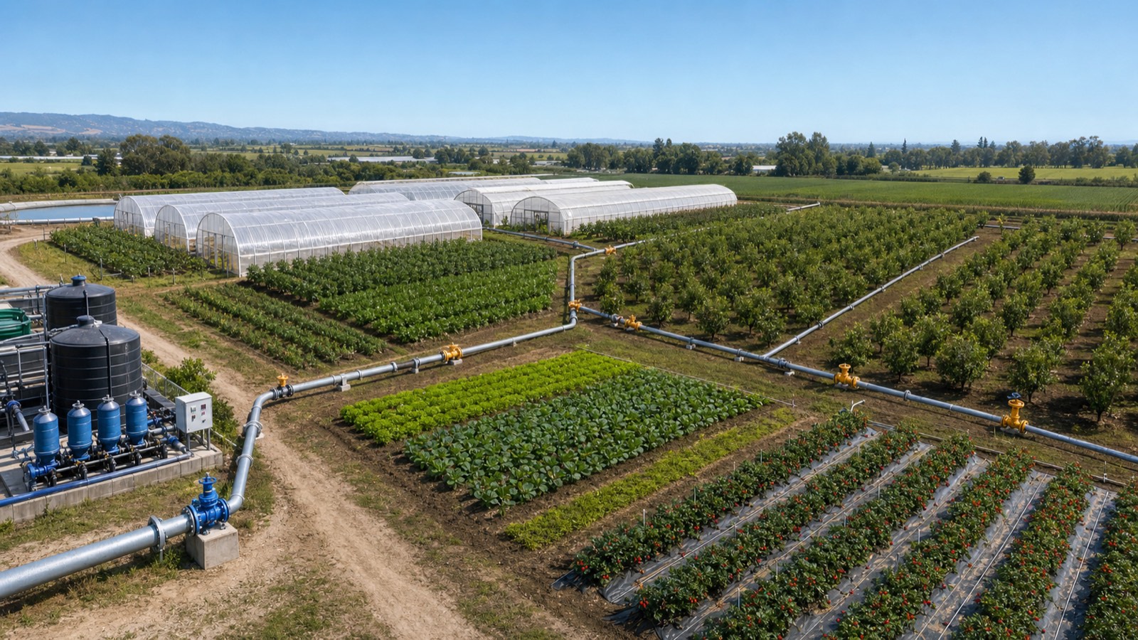 Aerial view of greenhouses, orchard rows, vegetable beds and berry rows linked by irrigation pipes and valves